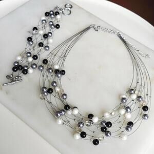 Cookie Lee Glass Beaded Floating Wire Silver Tone Necklace Bracelet Jewelry Set
